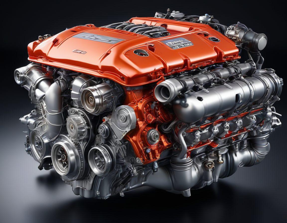 A dynamic scene showcasing a close-up of a high-performance car engine, with parts labeled like turbocharger, exhaust system, and suspension components. The background features blurred motion of a racetrack, emphasizing speed and power. Add tools and diagrams scattered around to depict tips and enhancements. The color palette should be sharp and bold, highlighting the metallic textures and gleaming components. hyper-realistic. vibrant colors. high contrast.