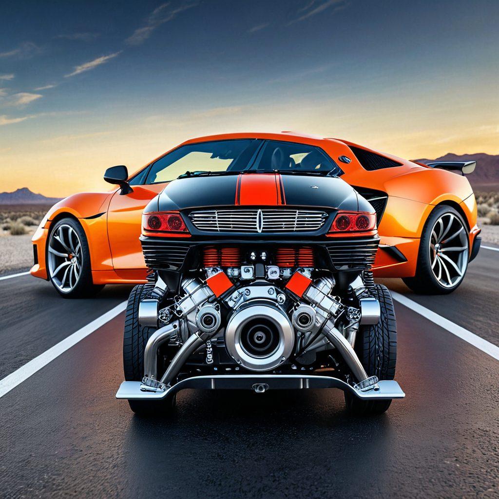 A sleek car engine, gleaming and well-maintained, surrounded by a variety of stylish car accessories like modern rims, seat covers, and tech gadgets, set against an open road backdrop symbolizing adventure and elevation. The scene should be vibrant and dynamic, with motion blurs hinting at speed and excitement. super-realistic. vibrant colors. 3D.